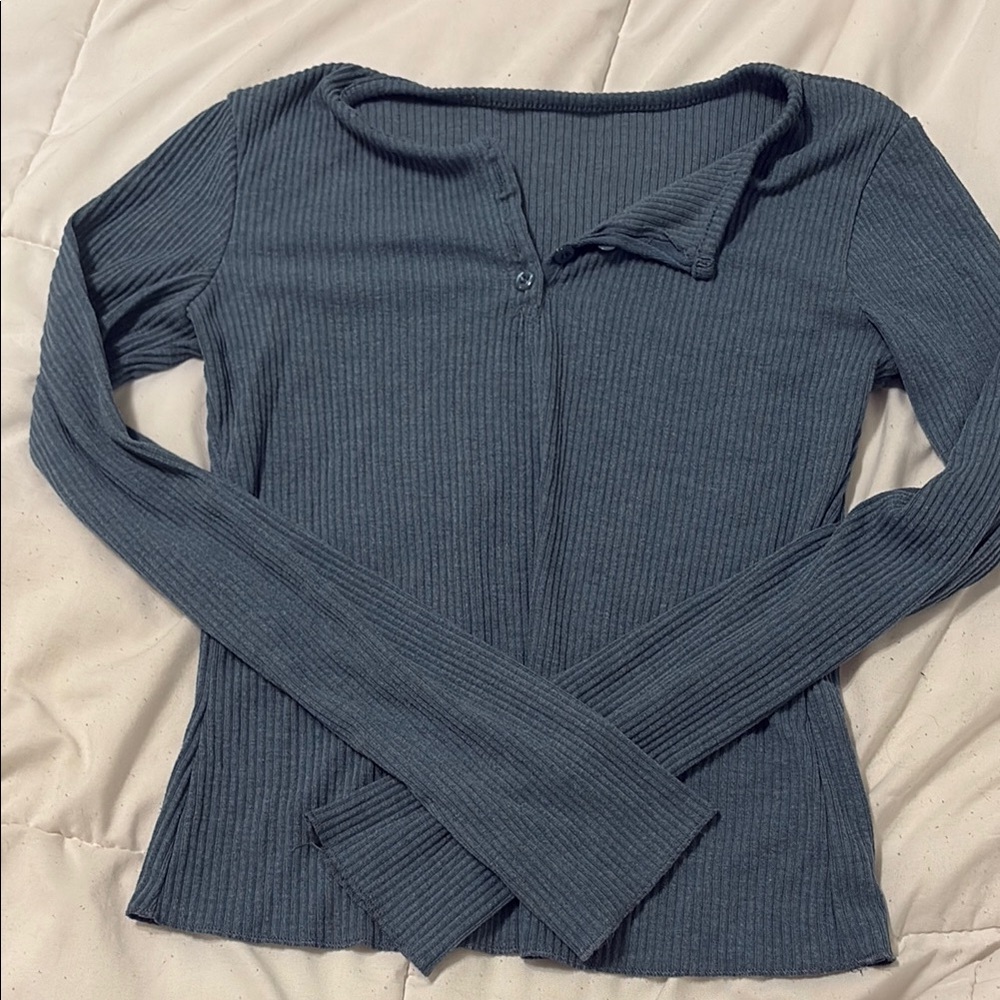 SHEIN Ribbed Button Down Top - Dark Blue